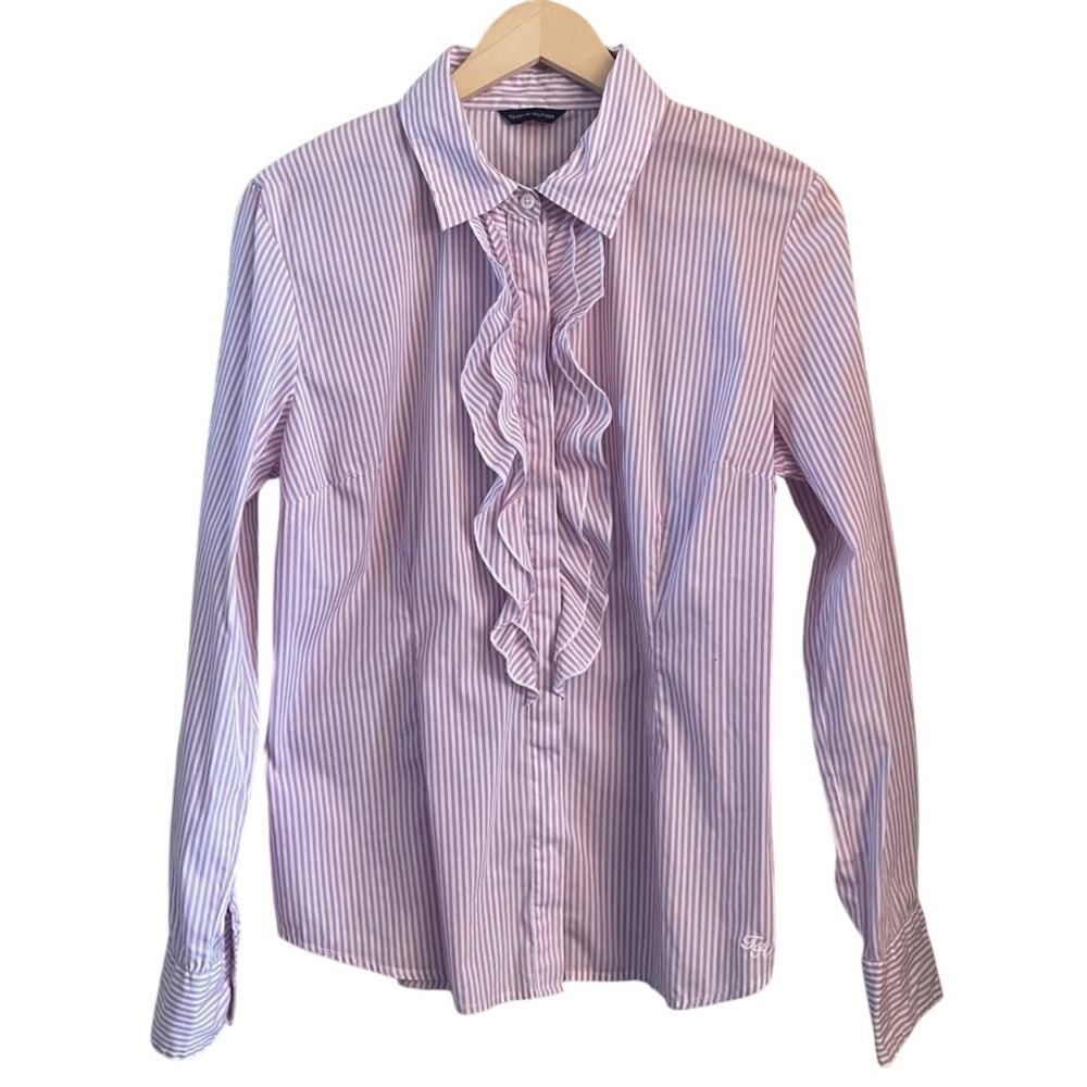 Tommy Hilfiger Pinstripe Button Shirt with Ruffle Front Womens Size‎ M